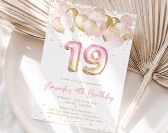 19th Birthday Invitation | Pink & Gold Glitter Balloon Evite | Editable Golden Birthday Party | Girl Party | Printable Digital Download J36