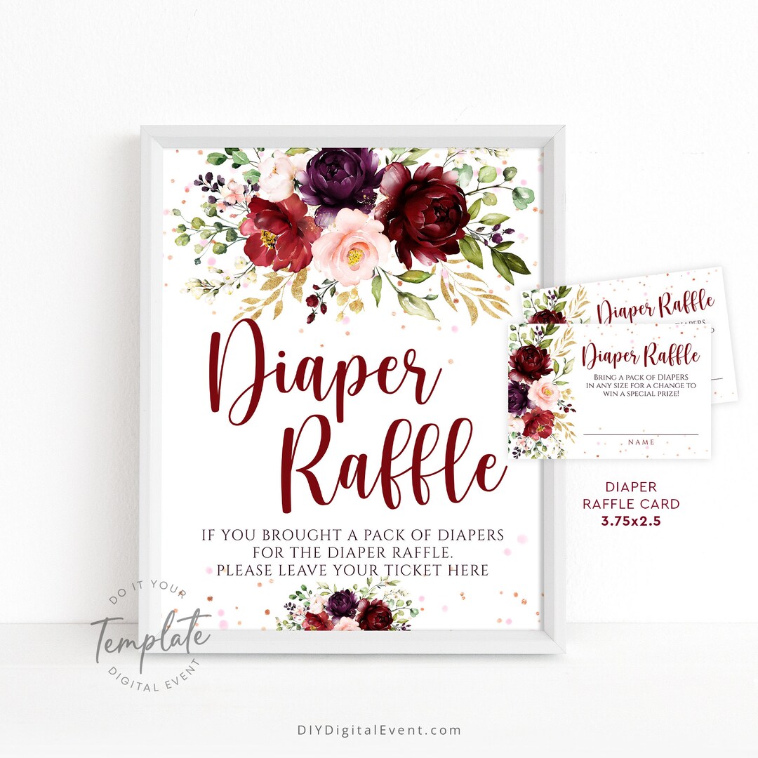 Baby Shower Diaper Raffles Sign and Raffle Tickets Burgundy Floral Sign
