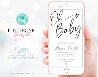 Electronic Baby Shower Invitation Template, Minimalist Baby Shower Template, Oh Baby Shower Invitation, Editable Baby Shower Invite Template