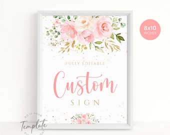 Różoworóżowy kwiatowy niestandardowy znak edytowalny Baby Shower urodziny ślub wieczór panieński znak na stół upominek Różoworóżowy kwiat NATYCHMIASTOWE POBIERANIE J30