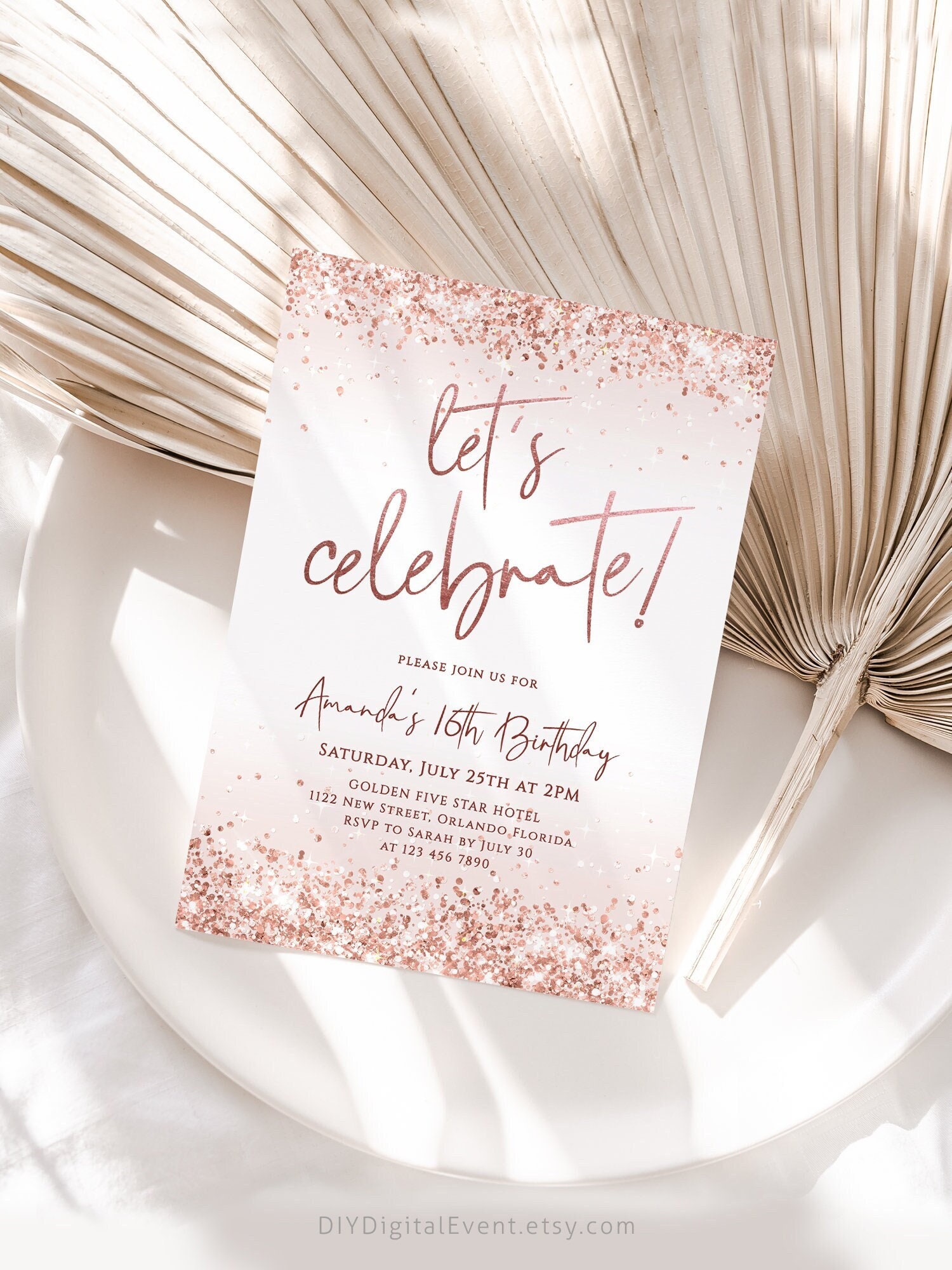 Rose Gold Let's Celebrate Invitation Template Editable Surprise Birthday Party Invite Printable Baby Shower Party Any Age Gold Glittery J58