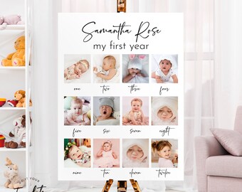 Editable First Year Photo Sign Template Minimalist Monthly Photo Collage Sign Printable My One Year Milestone Sign Board Baby Girl Boy J46