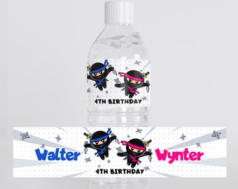 Editable Twin Ninja Water Bottle Label Template Printable Birthday Water Bottle Ninja Party Theme Martial Arts Karate Boy Girl Decor J26