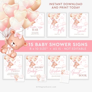 Teddybeer babyshower tafelborden bundel afdrukbare roze beer ballonnen borden set kaarten en geschenken gastenboek gunsten boek It's a Girl Baby J10