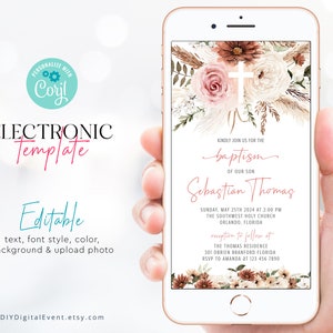 Electronic Baptism Invitation Template, Dried Boho Christening Invitation Template, Editable Baptism Evite, Pink Boho Baptism Invitation