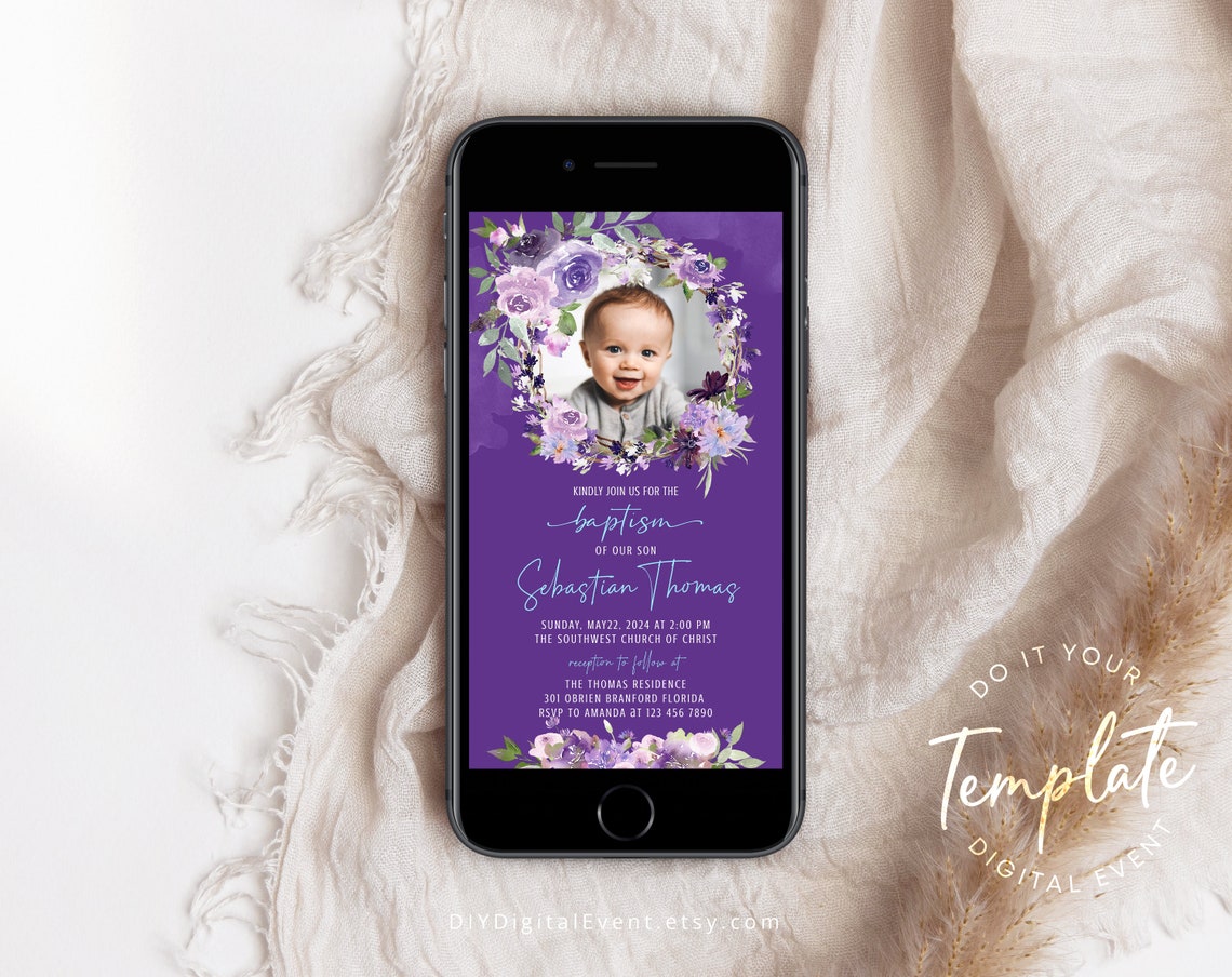 Electronic Baptism Invitation Template Purple Christening Etsy