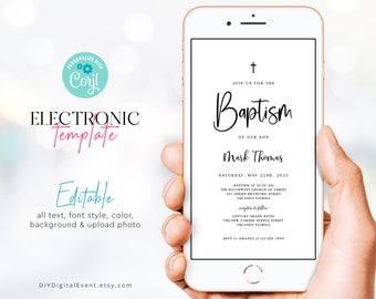Electronic Baptism Invitation Template, Minimalist Christening Invitation Template, Editable Baptism Evite, Modern Baptism Invitation, BT3