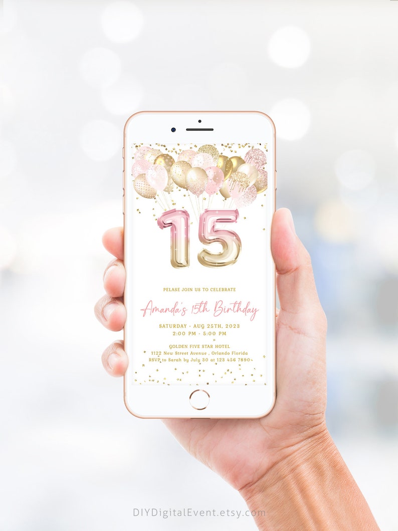 15th Birthday Invitation | Pink & Gold Glitter Balloon Evite | Editable Golden Birthday Party | Girl Party | Printable Digital Download J36 image 5