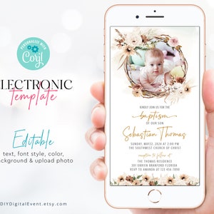 Modelo de convite de batismo eletrônico, modelo de convite de batismo Boho, Evite de batismo editável, convite de foto de batismo Boho Boho BT2