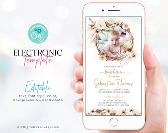 Electronic Baptism Invitation Template, Boho Christening Invitation Template, Editable Baptism Evite, Boho Baptism Photo Invite Bohemian BT2