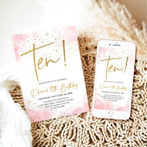 Verjaardagsuitnodiging meisje afdrukbare 10e verjaardagsfeestje uitnodigen bewerkbare sjabloon Blush roze goud glittery confetti tien verjaardagskaart J62