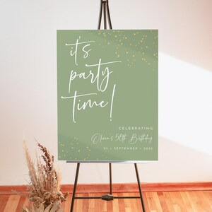 May include: Green welcome sign with gold glitter confetti and the text "it's party time!"  Celebrating Olivia's 50th Birthday, 25 September 2025.