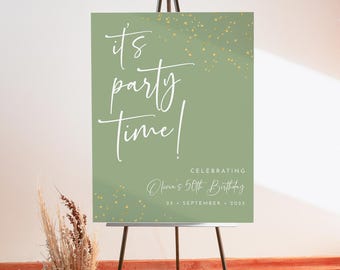 Minimalist Welcome Sign Template Editable Sage Green Gold Birthday Welcome Party Easel Sign Printable It's Party Time Ruby Board Sign J47
