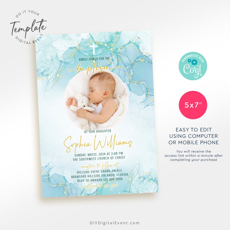 Editable Baptism Invitation Template Aqua Gold Christening Etsy