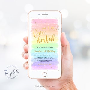 Regenboog elektronische verjaardagsuitnodiging sjabloon Onederful verjaardagsuitnodiging partij 1e verjaardag uitnodigen goud glitter kleurrijke pastel kaart J39