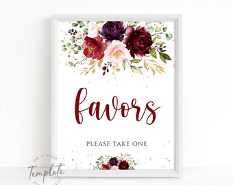 Favors Sign Burgundy Floral Favors Sign Printable Baby Shower Favors Birthday Wedding Favor Sign Thank You Table Sign INSTANT DOWNLOAD J31
