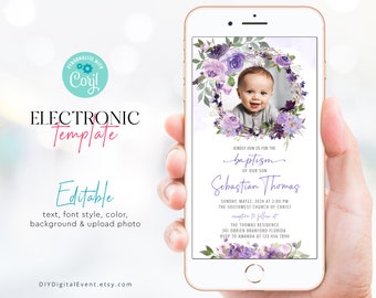 Electronic Baptism Invitation Template, Purple Christening Invitation Template, Editable Baptism Evite, Purple Baptism Photo Invitation