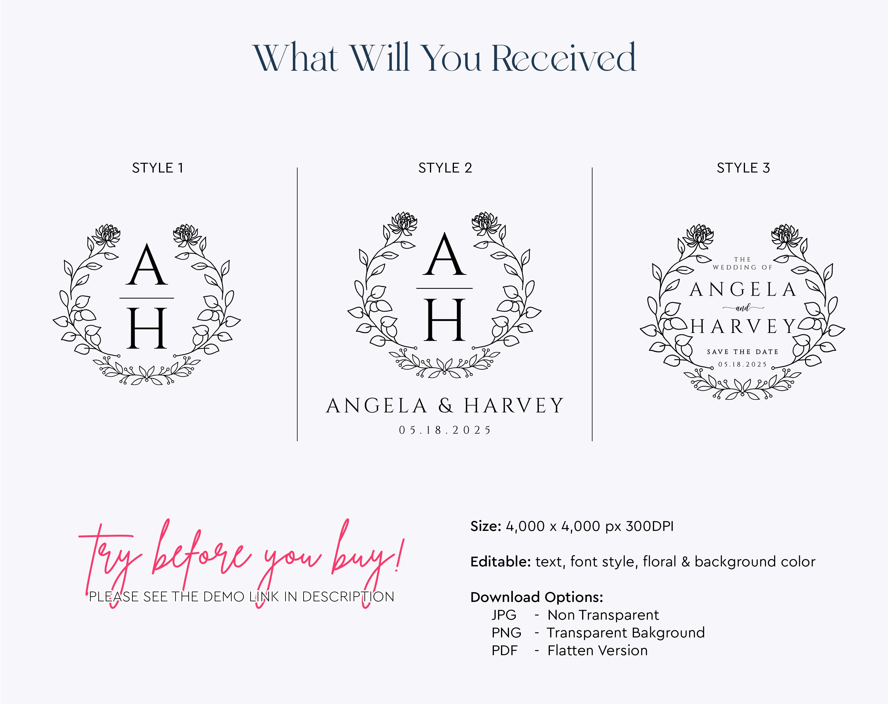 Wedding Monogram Logo | Elegant Floral Initial Design | Custom Bride ...