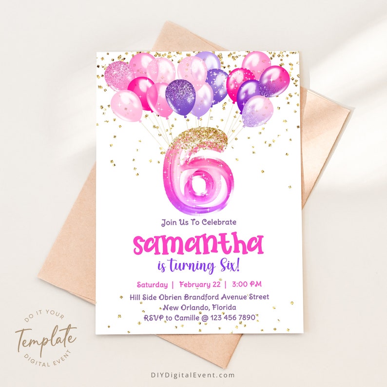 Purple Pink Glittery Balloons 6th Birthday Invitation Template. Printable and Electronic Invite.