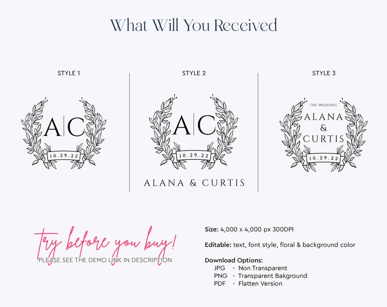 Elegant Wedding Logo Floral Wedding Monogram Logo Editable - Etsy