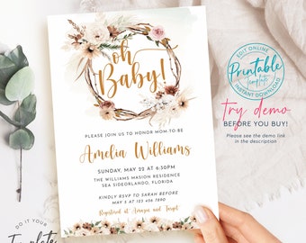 Boho Baby Shower Invitation Template, Printable Baby Shower Invite, Bohemian Baby Shower, Editable Baby Shower Template, Baby Shower BBS10
