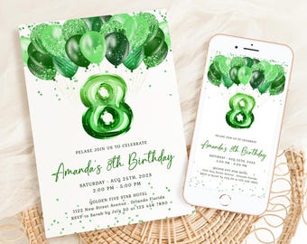 Editable 8th Birthday Invitation Template Green Glittery Balloons 8th Birthday Invite Printable Number 8 Girl Birthday Party Invite J67