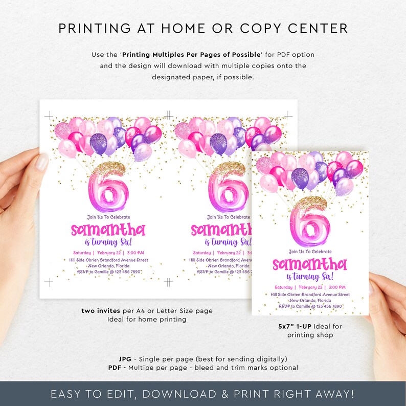 Purple Pink Glittery Balloons 6th Birthday Invitation Template. Printable and Electronic Invite.