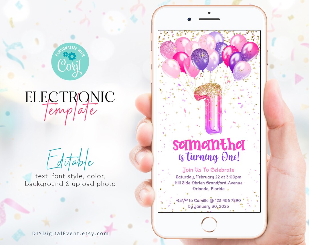 Pink 1st Birthday Invite Template Glittery Purple Pink - Etsy