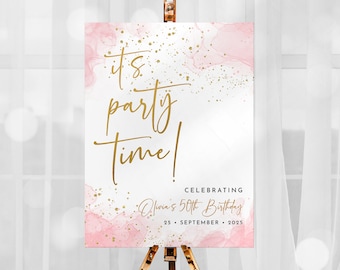 Blush Pink Welcome Sign Template Editable Gold Glittery Birthday Welcome Sign Party Easel Sign Printable It's Party Time Poster Decor J62