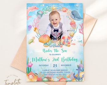 Modello di invito di compleanno modificabile sotto il mare Modello di invito di compleanno stampabile con animali dell'oceano con foto Invito per la festa di squalo balena e pesce corallo J14