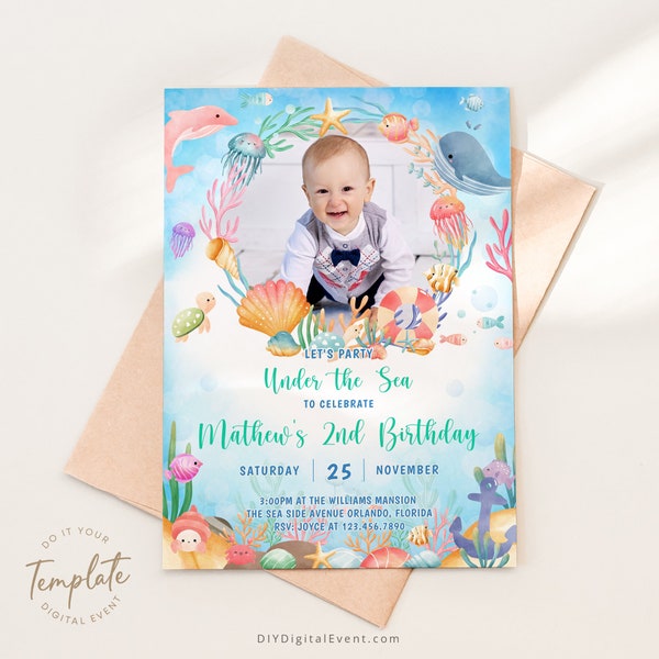 Editable Under The Sea Birthday Invitation Template Printable Ocean Animals Birthday with Photo Invite Whale Shark Coral Fish Party J14