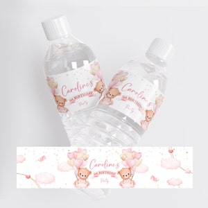 Editable Pink Bear Bottle Label Template Printable Bear Balloons Water ...