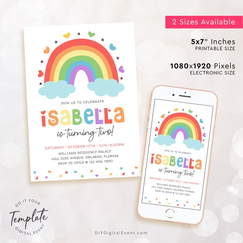 Editable Rainbow Birthday Invitation Template. Printable Rainbow Birthday Invite. Heart Rainbow Star Birthday Party. Colorful Birthday. Instant Download. Edit and Download using Corjl