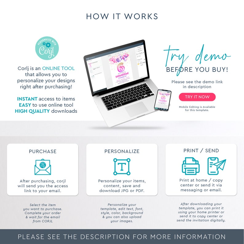 May include: How to use an online design tool to personalize and print invitations. The image shows a laptop screen with a pink and purple birthday invitation design, a mobile phone with the same design, and a step-by-step guide to using the tool. The guide includes steps for purchasing, personalizing, and printing the invitation.