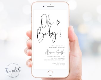 Electronic Baby Shower Invitation Template Editable Minimalist Baby Shower Template Simple Oh Baby Shower Boy Girl Baby Shower Modern BBS5