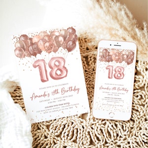 Modèle d'invitation d'anniversaire en or rose 18 ans modifiable pour fête d'anniversaire de dix-huit ans, ballons scintillants, invitation d'anniversaire pour fille, carte d'invitation numérique J63