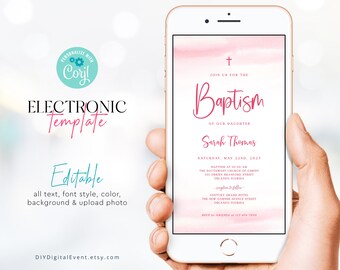 Electronic Baptism Invitation Template, Minimalist Christening Invitation Template, Editable Baptism Evite, Modern Pink Baptism Invitation