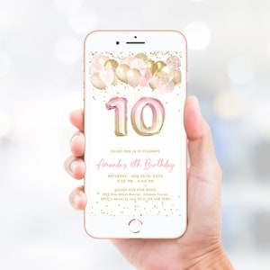 Elektronische Einladungsvorlage zum 10. Geburtstag Bearbeitbar Gold Rosa Glitzernde Luftballons zum 10