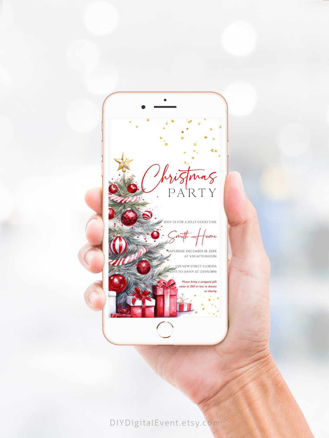 Red Christmas Party Invitation, Editable Christmas Party Invite