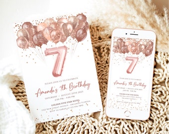 Editable 7th Birthday Invitation Template Rose Gold Glittery Balloons Birthday Invite Girl Seventh Birthday Party Digital Invite Card J63