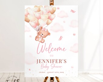 Teddy Bear Welcome Sign | Pink Balloon We Can Bearly Wait Poster | Editable Baby Shower Decor | Printable Digital Download J10