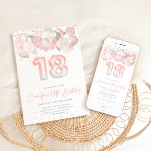 Faire-part d'anniversaire fille 18e anniversaire imprimable modèle modifiable carte d'anniversaire de dix-huit ans brillant argenté rose Evite J64