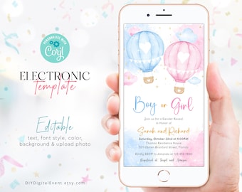 Hot Air Balloon Gender Reveal Invite Gender Reveal Invitation Template He or She Boy or Girl Invite Template Editable Baby Gender Reveal GR1