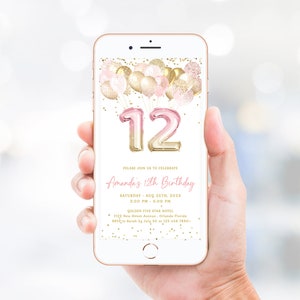 Sjabloon elektronische 12e verjaardagsuitnodiging bewerkbare goud roze glitter ballonnen 12e verjaardag uitnodigen nummer 12 meisje verjaardagsfeestje J36