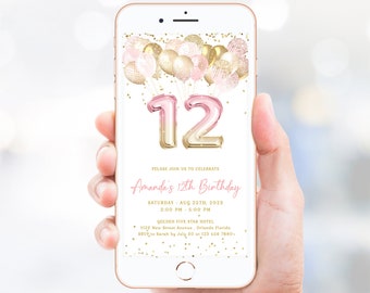 12th Birthday Invitation | Pink & Gold Glitter Balloon Evite | Editable Golden Birthday Party | Girl Party | Instant Digital Download J36