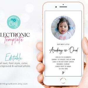 Minimalist First Birthday Invitation Template, Electronic 1st Birthday Invite, Photo Birthday Invite, 1st Birthday Invite, Editable Template