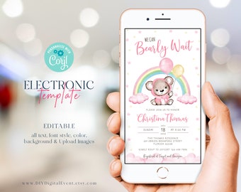 We Can Bearly Wait Baby Shower Invitation Template, Rainbow Teddy Bear Baby Shower Editable, Balloons Teddy Bear Baby Shower Evite Girl BBS1
