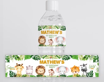 Editable Safari First Water Bottle Label Template Printable Wild One Water Bottle Animals Party Theme Jungle Boy Labels Decor Zoo Shower J7