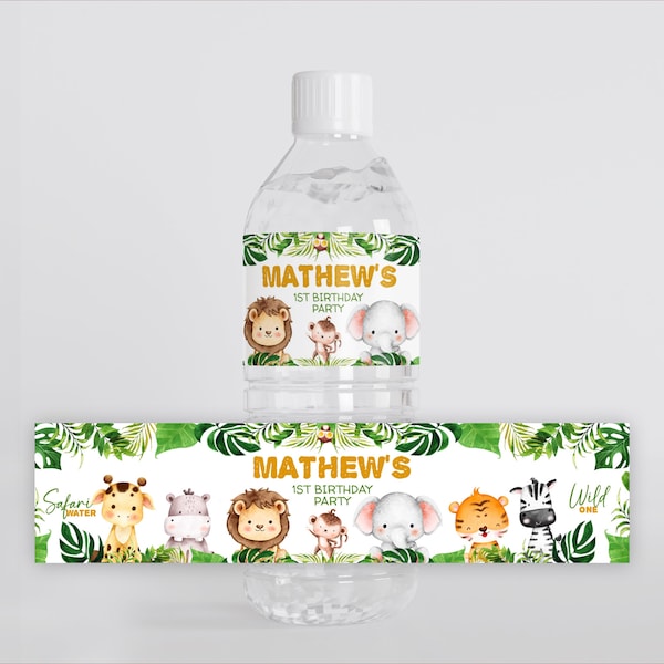 Editable Safari First Water Bottle Label Template Printable Wild One Water Bottle Animals Party Theme Jungle Boy Labels Decor Zoo Shower J7