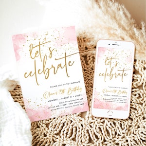 Blush Pink Lassen Sie uns Feiern Einladung Vorlage Bearbeitbare Überraschung Geburtstagsfeier einladen Druckbare Baby Shower Party Jedes Alter Gold Glitzernd J62